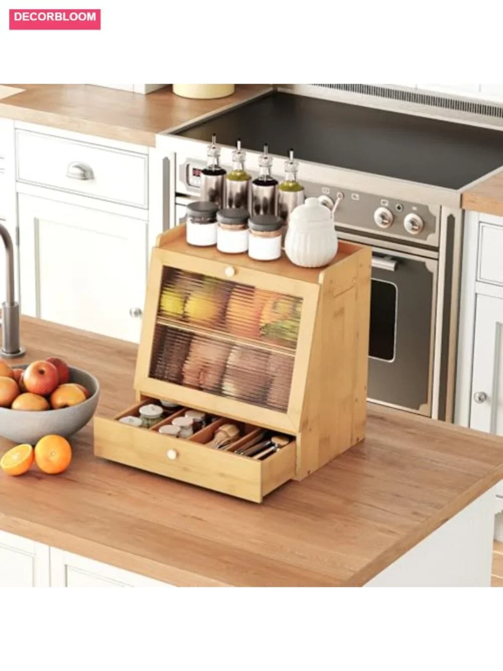 2-Tier Bamboo Bread Box with Acrylic Door and Drawer for Kitchen Countertop